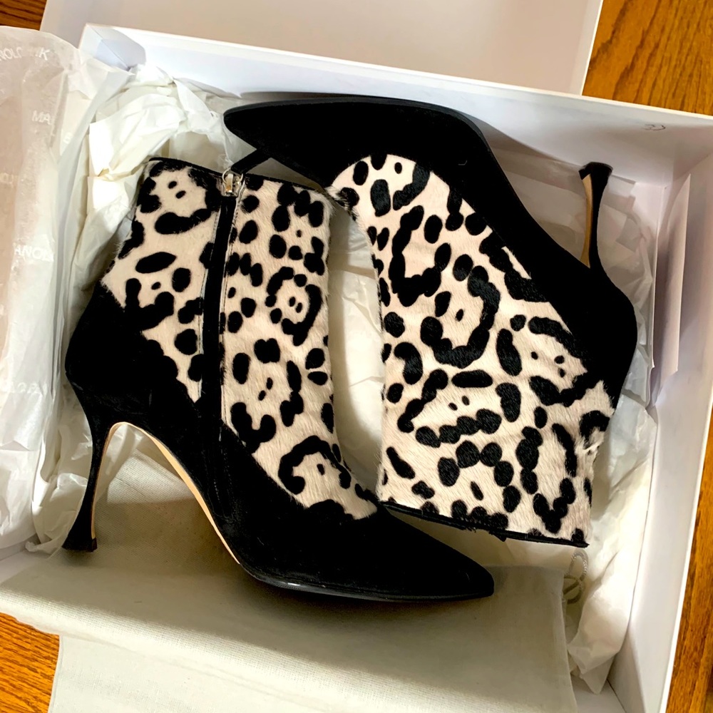 Authentic Manolo Blahnik Suede & Leopard-Print Booties